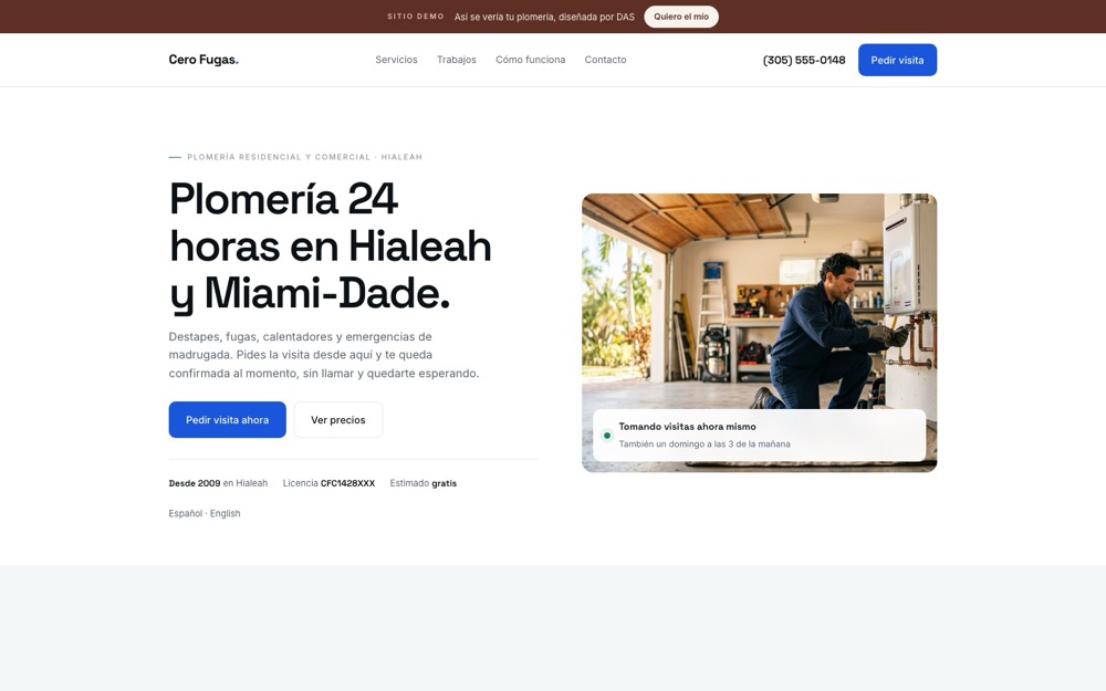 Demo de sitio para plomería: Cero Fugas, Hialeah